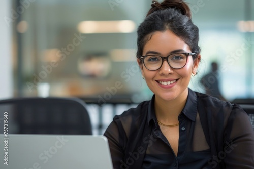 Successful satisfied and happy business woman working inside modern office, hispanic woman in glasses and shirt using laptop at work, Generative AI