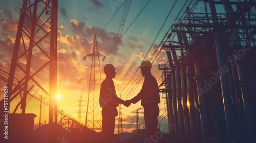 Male industrial, Electrical engineer with helmet and blueprints in hands checking, maintenance, and analysis data of power plant station project on substation and network background