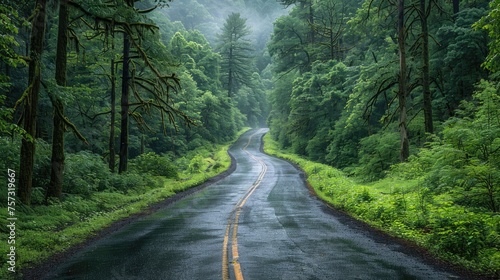 a deserted road where lush greenery is sprouting. a winding road through a lush green forest.
