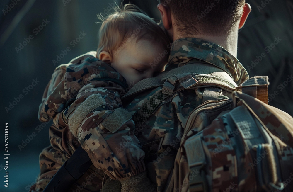 In the illustration, a soldier holds a small child in his arms, the baby is pressed against the soldier close-up of people.