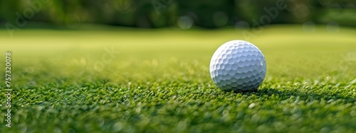 Banner. Small and round with slightly glossy surface white golf ball resting on green field. Copy space. Concept of professional and luxury sport, leisure time, recreation, games.