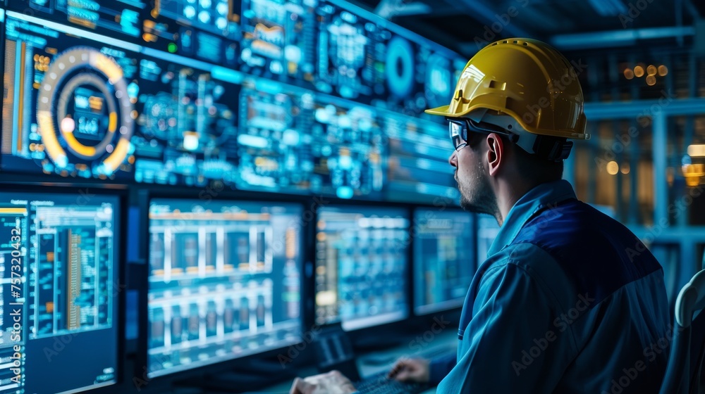 Telecommunication engineer in a control room monitoring 5G network performance Telecommunication engineer in a control room monitoring 5G network performance