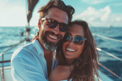 A happy man and woman are embracing on a boat in the ocean, wearing sunglasses to protect their vision and enjoying the beautiful view of the sky and water during their travel © RichWolf