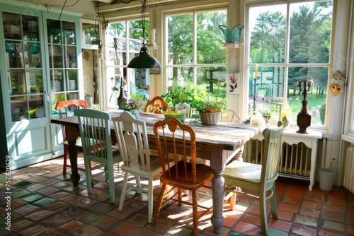 Rustic, vintage furniture, table and chairs of various bright colors in the dining room with large windows. © pilipphoto
