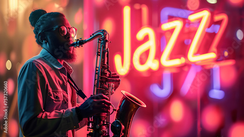 A jazz musician plays the saxophone in evening  against the backdrop of an illuminated neon  Jazz  sign. Jazz Appreciation Month  Club Life