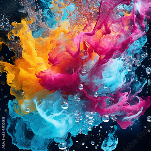 Vibrant and dynamic, the colorful water splashes freeze in time, each droplet a kaleidoscope of hues captured with precision.