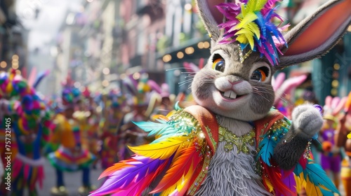 An animated rabbit beams with joy in an elaborate, multicolored feather costume at a lively street carnival, full of energy and festivity.