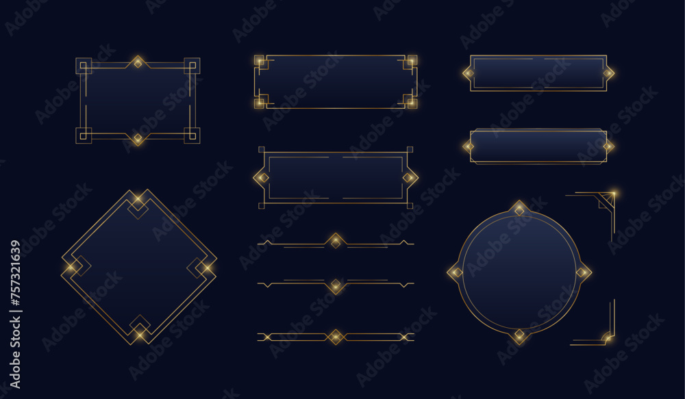 Golden frames in medieval style. Vector icon set of art deco buttons, ui frames, metal game border. Decoration for logos, web design, print, banner, user interface. Game frame ranking clipart - obrazy, fototapety, plakaty 