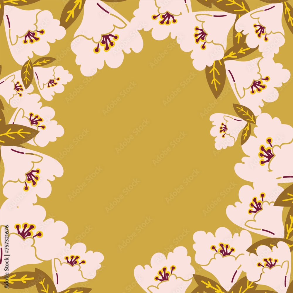 Illustration of floral botanical elements. Vector illustration of a frame composition with pink flowers.