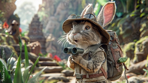 An animated rabbit  geared as an explorer with binoculars  is on an adventurous quest in a dense jungle landscape.