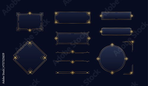 Golden frames in medieval style. Vector icon set of art deco buttons, ui frames, metal game border. Decoration for logos, web design, print, banner, user interface. Game frame ranking clipart