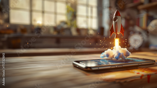 rocket flying out of smartphone on a table taking off into the future of mobile devices and apps