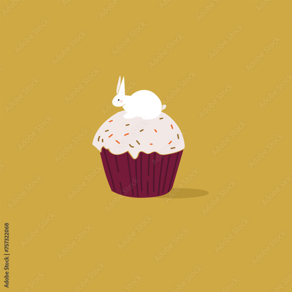A picture of a muffin with a figure of a hare. Vector illustration on a mustard background. A picture of a muffin with a figure of a hare. Vector illustration on a mustard background.