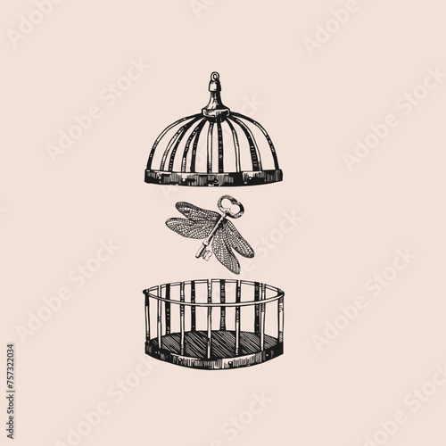 Cage. Spot work. Vector hand drawn illustration. Tattoo illustration, modern surreal art.