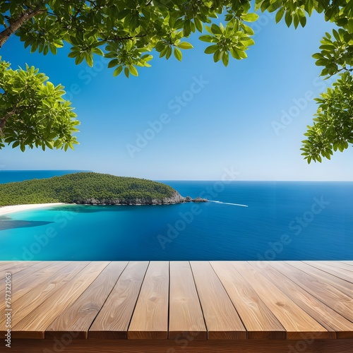 wooden table on beach with greenery