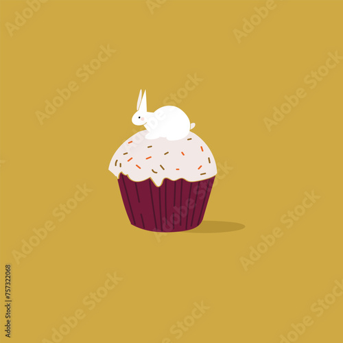A picture of a muffin with a figure of a hare. Vector illustration on a mustard background.