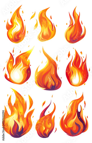 Cartoon Fire Flames Set, Fiery Animation, Isolated on Transparent Background