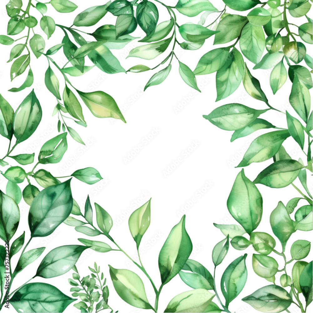 Elegant Watercolor Greenery Leaves Frame Isolated on a Transparent Background