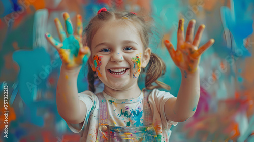 Funny Child Girl Draws Laughing  Shows Hands Dirty  Creative Kid Painting with Joy  Messy Artistic Playtime  Happy Childhood Expression  Playful Learning Concept  Generative AI  