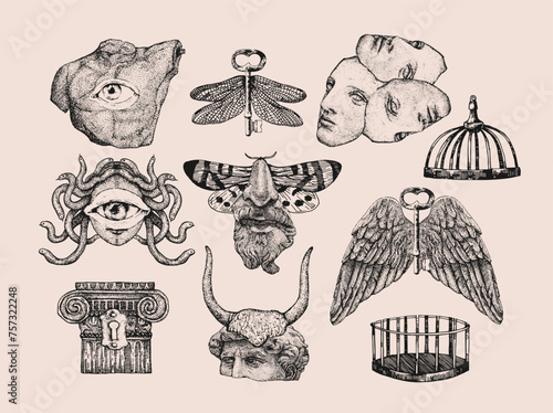 Antique set. Vector hand drawn illustration. Spot work. Tattoo illustration, modern surreal art