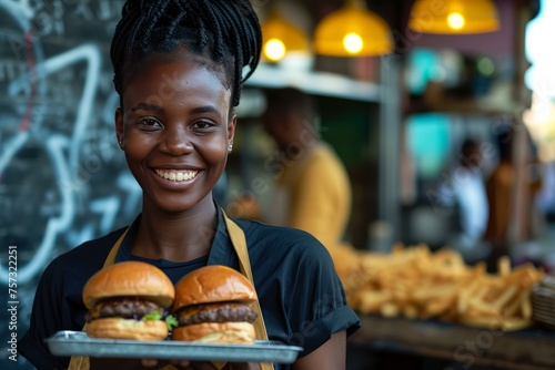 African waitress holding burgers. Smiling cheerful woman working in staff restaurant service. Generate ai