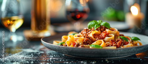 Plate with pasta bolognese. Italian food, dish, meal, dinner. Healthy mediterranean diet eating.