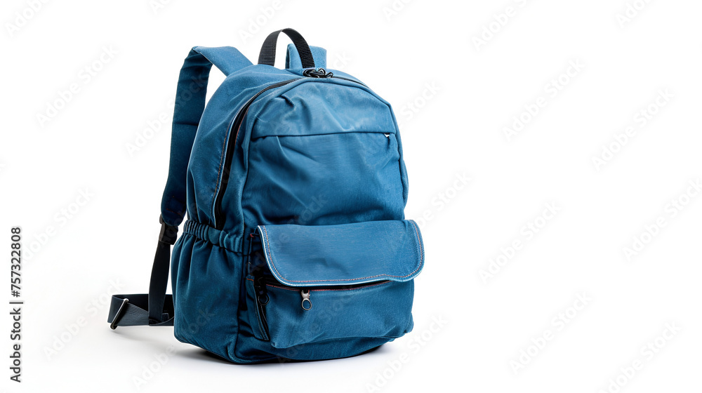 Blue school backpack with various supplies isolated on white background, Generative Ai 