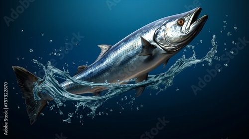 A 3D render of a photorealistic mackerel executing a graceful arc as it jumps out of an intricately designed can © JR-50