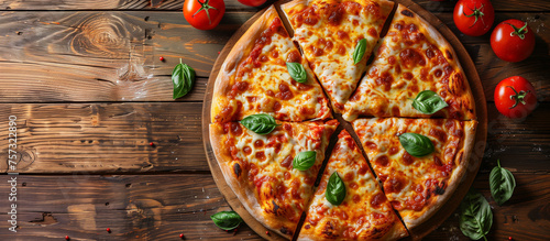 Sliced delicious neapolitan marcherita pizza with tomato sauce, cheese and basil top view. Italian food, dish, meal, snack, dinner, lunch. Wooden background.