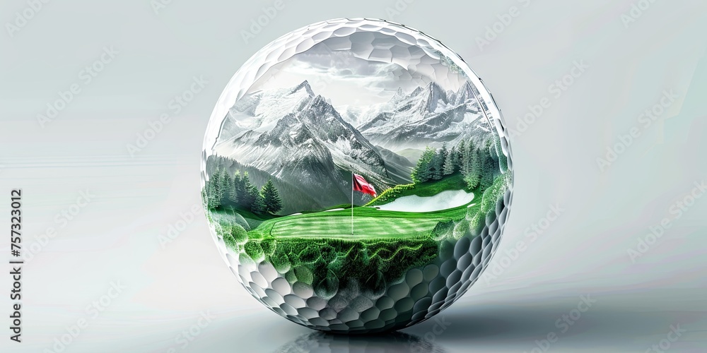 Golf ball with miniature green golf course with red flag inside of it against grey background. Concept of professional and luxury sport, leisure time, recreation, games. - obrazy, fototapety, plakaty 