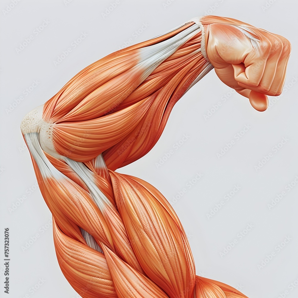 A muscular arm with a fist clenched. The muscles are orange and white. Concept of strength and power A muscular arm with a fist clenched. The muscles are orange and white. Concept of strength and power