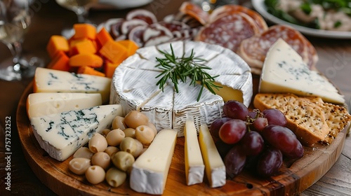 A white plate with a variety of cheeses and grapes