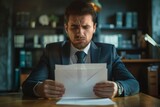 Sad unsatisfied and unhappy business man inside office at workplace, man received mail envelope fox with notification message with bad news, worker reads disappointed, Generative AI