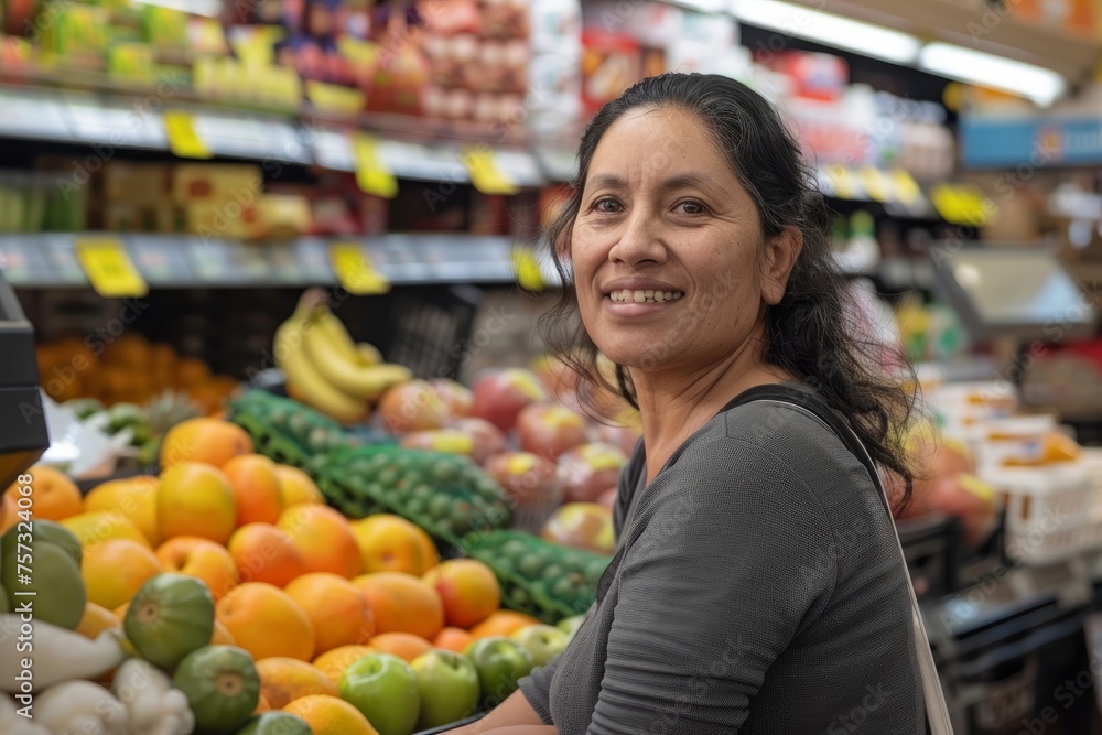 Portrait of satisfied female shopper in supermarket, Hispanic woman weighing fruit in store, smiling and looking at camera using self-service scales, Generative AI