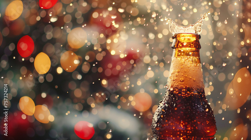 A soda bottle mid-splash against a backdrop of festive, colorful bokeh lights.