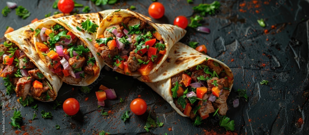 Gyros top view. Mexican tacos. The tacos are made with corn tortillas and are filled with a ground beef mixture. The beef is seasoned with spices and vegetables. The tacos are topped with shredded