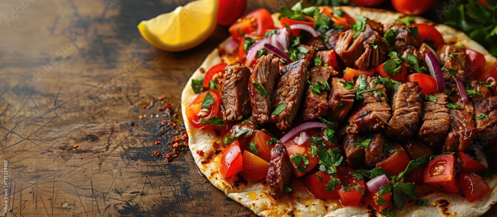 Gyros top view. plate of food. There is a large, round flatbread on the plate. The flatbread is topped with pieces of beef, tomatoes, onions, and parsley. web banner with Copy space for text.