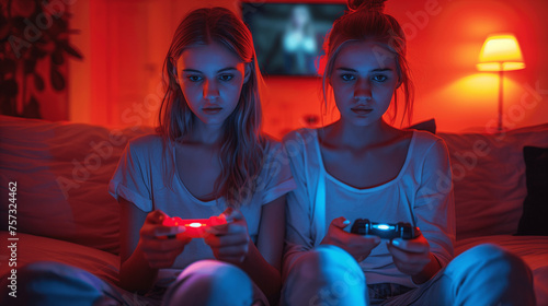 Young Women Playing Video Games in a Dark Room with Red Lighting © Stanley