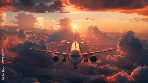 plane in the clouds, sunset, cinematic lighting, beautiful, text copy space