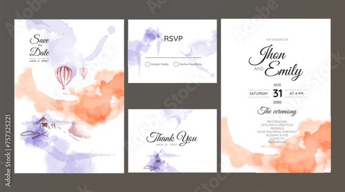 Sunrise landscape wedding invitation with romantic watercolor hot air balloons