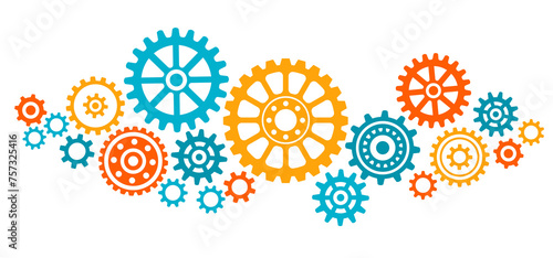 Colorful connected gears. Abstract gear wheel mechanism background. Machine technology. 