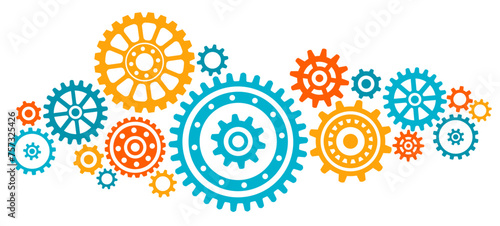 Colorful connected gears. Abstract gear wheel mechanism background. Machine technology. 