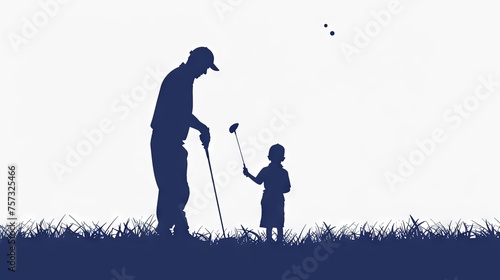 Colorful illustration of blue silhouettes little child learning to golf with father, adult man on course with plants. Drawn art style. Concept of professional and luxury sport, leisure time, games.