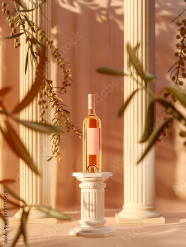 Rosé wine bottle on a classic column pedestal, adorned by olive branches, in a warm, softly lit environment suggesting Greek elegance