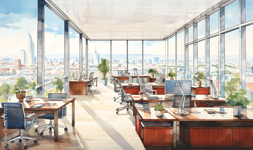 Fototapeta premium Panoramic view inside office in skyscraper without people. Watercolor style.