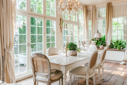 Rustic, vintage furniture, table and chairs in beige color in the dining room with large windows.