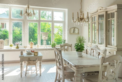 Rustic  vintage furniture  table and chairs in beige color in the dining room with large windows.