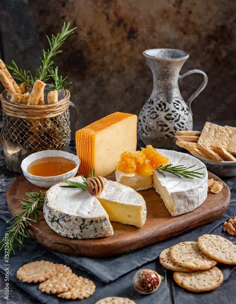 A gourmet cheese board featuring an assortment of artisanal cheeses, crackers, and honeycomb A gourmet cheese board featuring an assortment of artisanal cheeses, crackers, and honeycomb