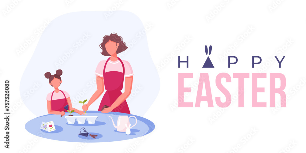 Happy Easter family traditions. Mother and daughter take care of plant. Indoor gardening. Flat cartoon vector illustration.