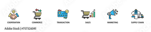 Business to business banner web icon set vector illustration concept with icon of cooperation, commerce, transaction, sales, marketing, supply chain